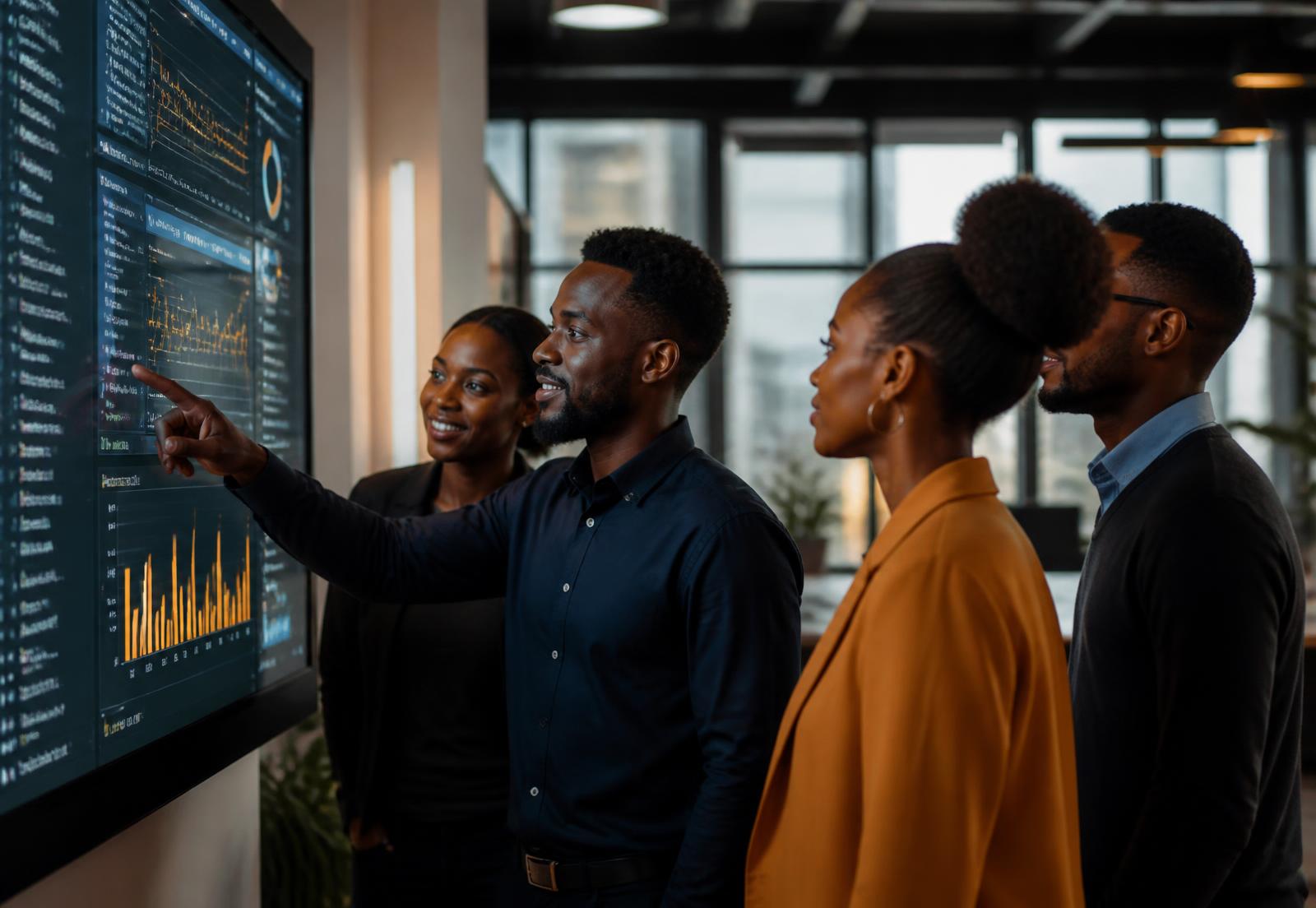 A team reviewing digital dashboards and analytics on a large screen